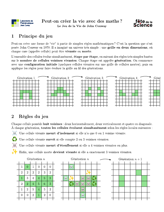 Aperçu de la première page du poster pédagogique sur le jeu de la vie de Conway