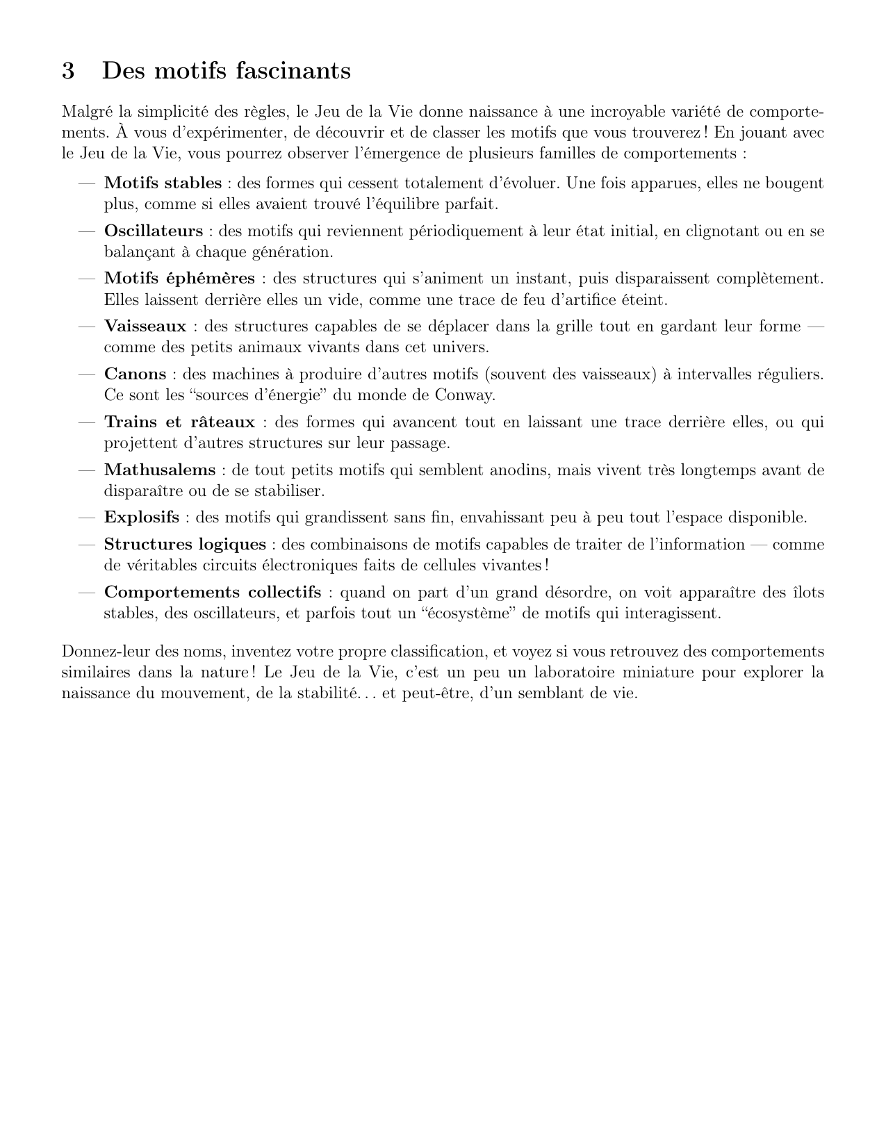 Aperçu de la deuxième page du poster pédagogique sur le jeu de la vie de Conway